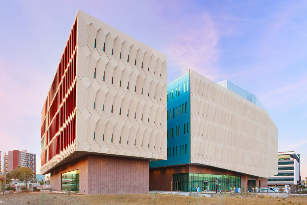 A modern building with a colorful exterior constructed by MKB Construction Inc.