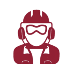 Red icon of a person wearing safety gear, including a helmet, goggles, and headphones, suggesting an MKB Construction Services worker.