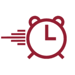Red icon of an alarm clock with a letter L on the face, depicted in motion with three speed lines to the left, representing MKB Construction Services.
